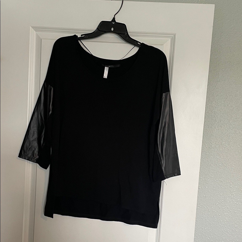 Kensie Black Top with Faux Leather Sleeves